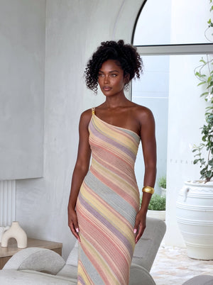 Rainbow Stripe One-Shoulder Maxi