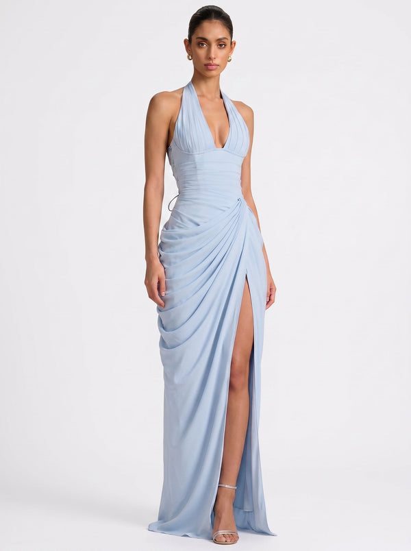 Draped Halter Slit Gown Skyblue