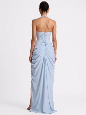 Draped Halter Slit Gown Skyblue