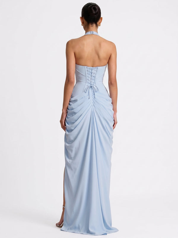 Draped Halter Slit Gown Skyblue