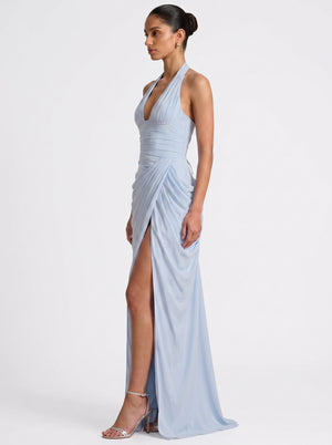 Draped Halter Slit Gown Skyblue