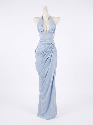Draped Halter Slit Gown Skyblue