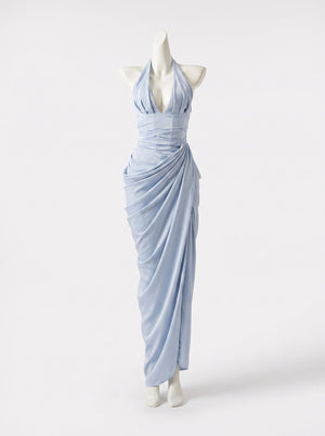 Draped Halter Slit Gown Skyblue