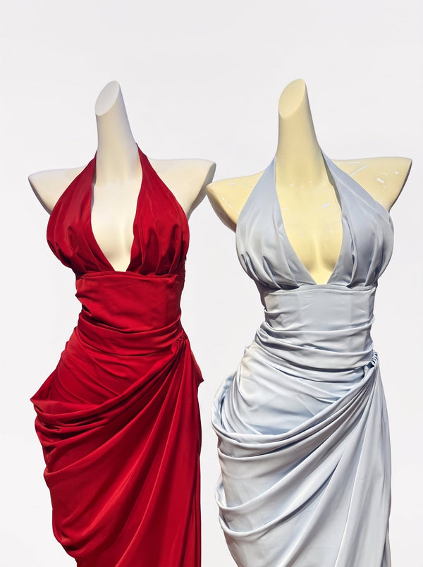 Draped Halter Slit Gown Red