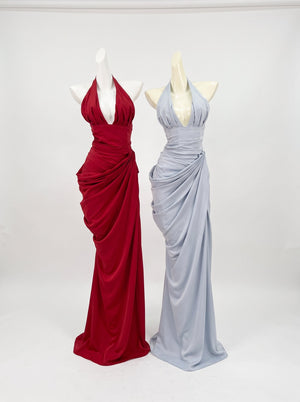 Draped Halter Slit Gown Red