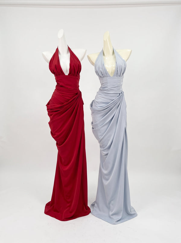 Draped Halter Slit Gown Red