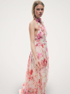 Floral Halter Backless Maxi Dress