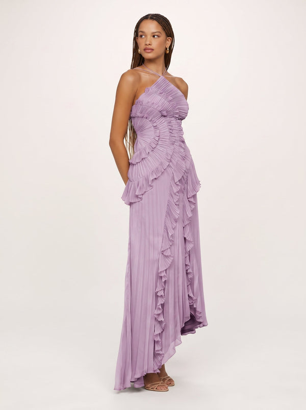 Ruffled Pleated Halter Maxi Dress