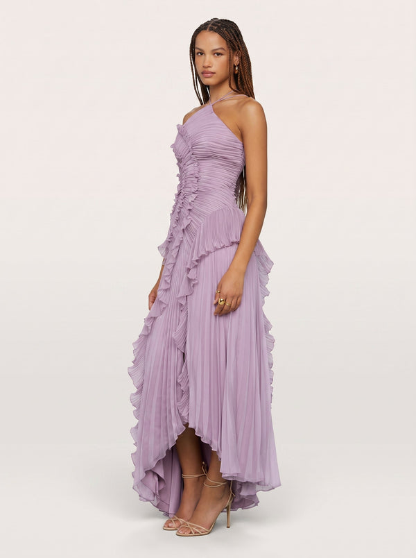 Ruffled Pleated Halter Maxi Dress