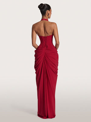 Draped Halter Slit Gown Red