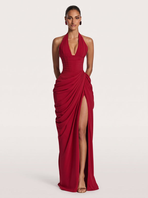 Draped Halter Slit Gown Red