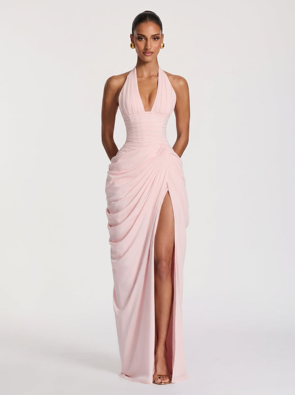 Draped Halter Slit Gown