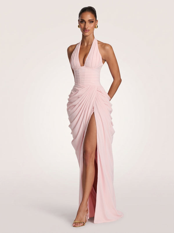 Draped Halter Slit Gown