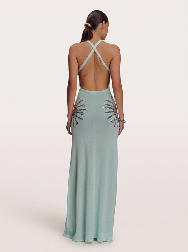 Sequin Open-Back Maxi Dress