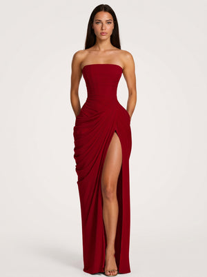 Strapless Red Ruched Slit Maxi