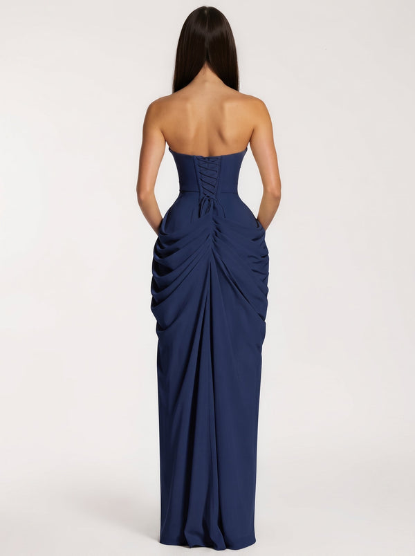 Strapless Navy Blue Ruched Slit Maxi