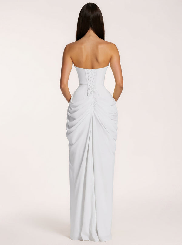 Strapless White Ruched Slit Maxi Dress
