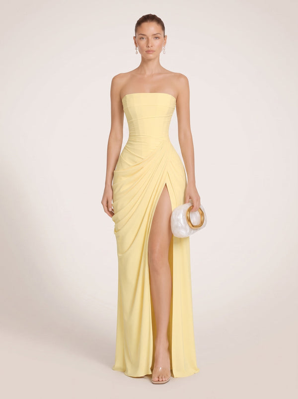 Strapless Ruched Slit Maxi Dress