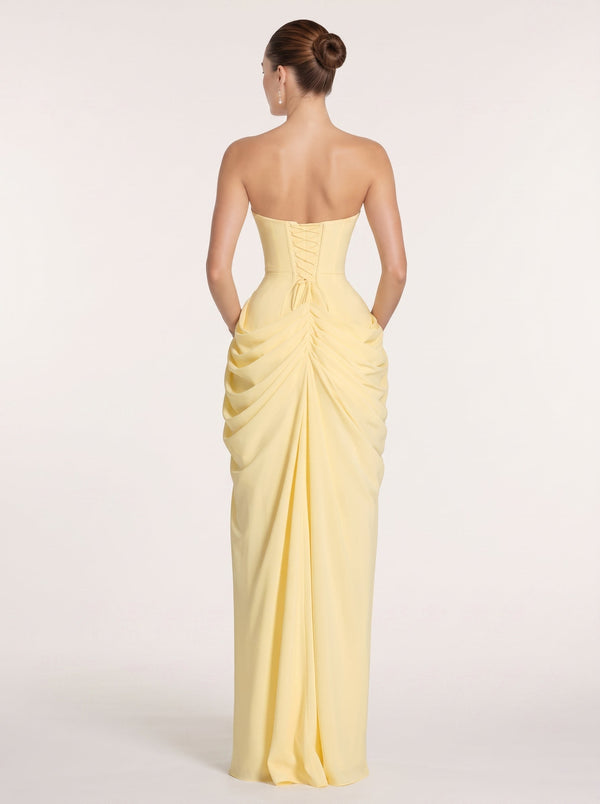 Strapless Ruched Slit Maxi Dress