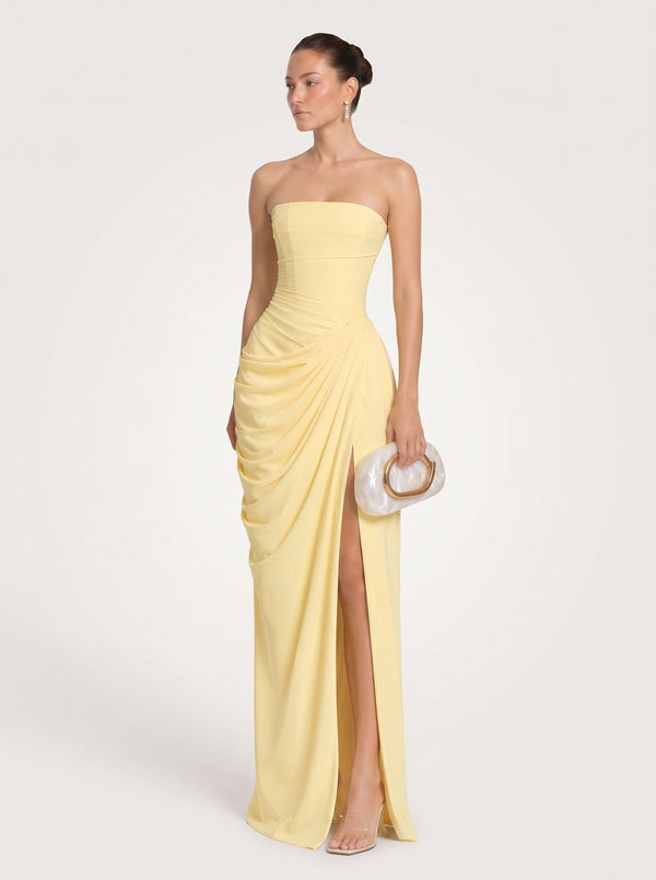 Strapless Ruched Slit Maxi Dress