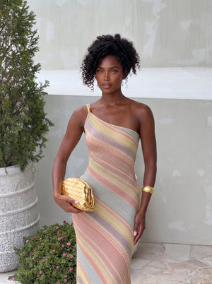 Rainbow Stripe One-Shoulder Maxi