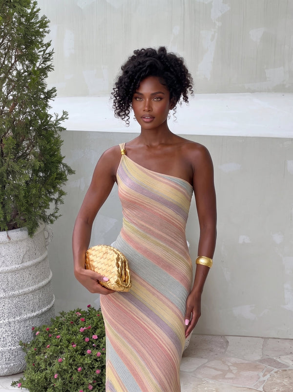 Rainbow Stripe One-Shoulder Maxi