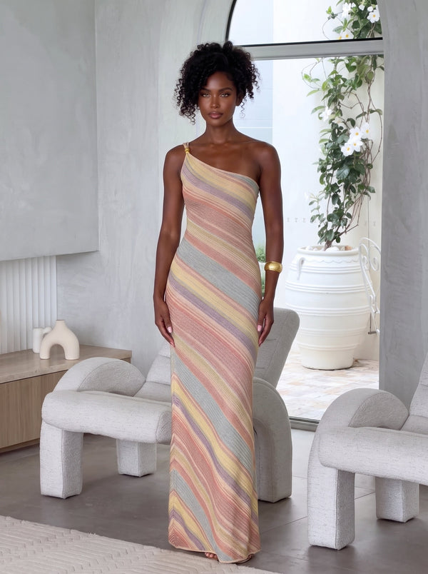 Rainbow Stripe One-Shoulder Maxi