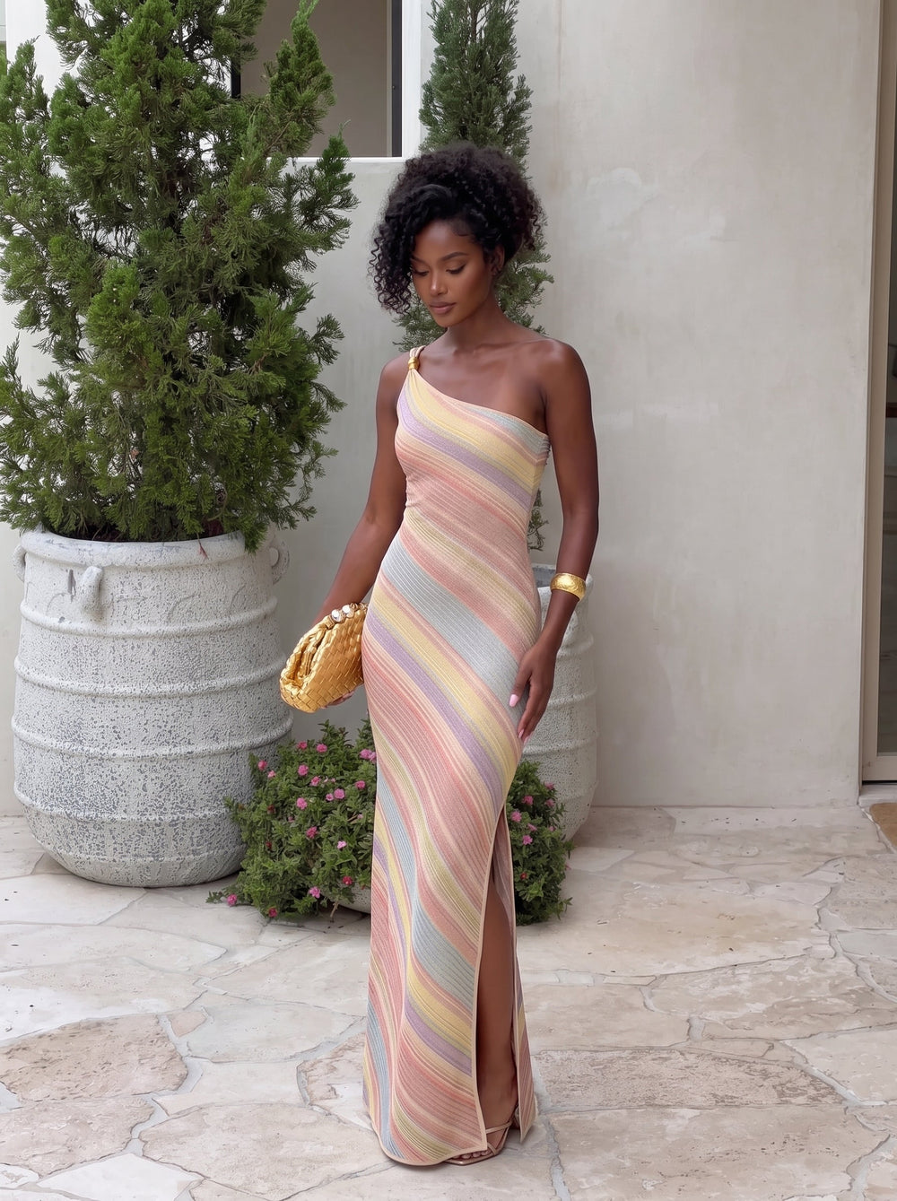 Rainbow Stripe One-Shoulder Maxi