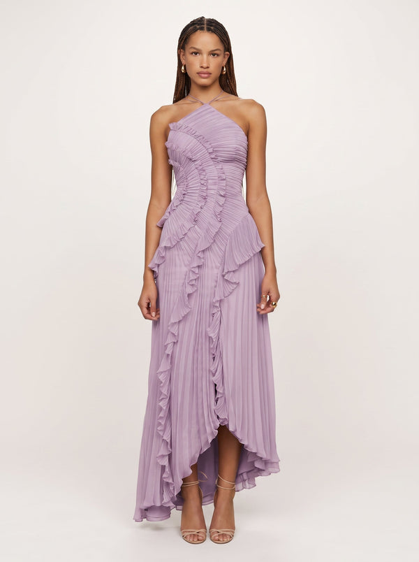 Ruffled Pleated Halter Maxi Dress