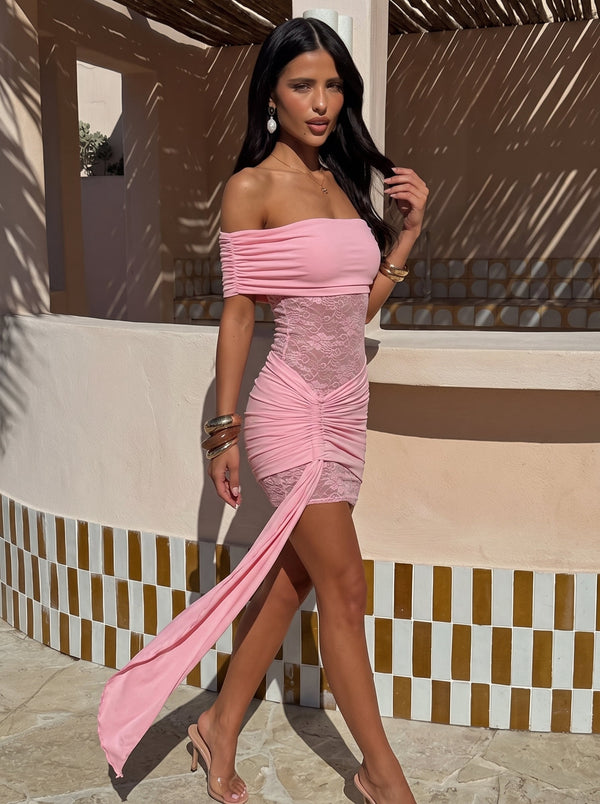 Off-Shoulder Lace Pink Splice Dress