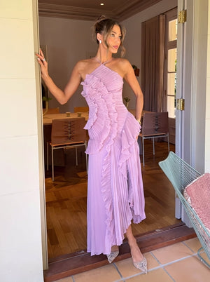 Ruffled Pleated Halter Maxi Dress