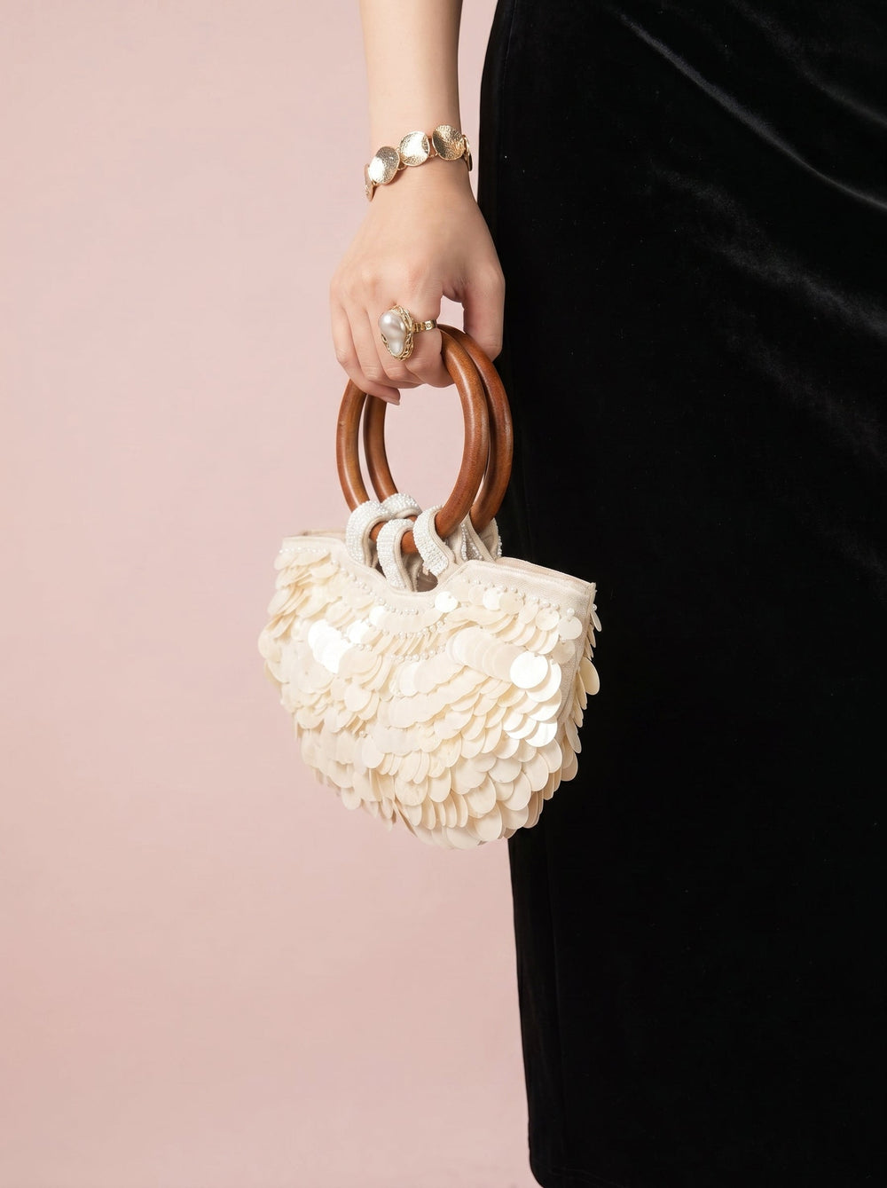 Sequin Shell Ring-Handle Bag